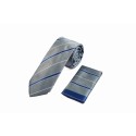 Γραβάτα γκρι με λευκές μπλε ρίγες και μαντηλάκι