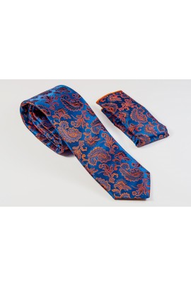Μπλε Γραβάτα με πορτοκαλί σχέδιο Πλάτος 6,5cm