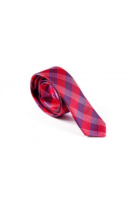 Slim κόκκινη γραβάτα με λευκό και γαλάζιο ντιαγκοναλ σχεδιο