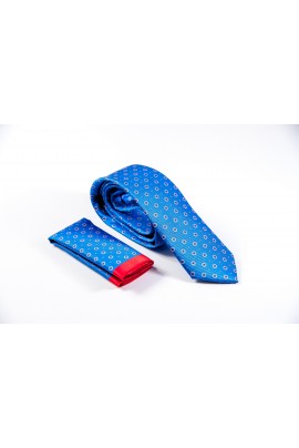 Regular γαλάζια γραβάτα με κόκκινο μικροσχέδιο & μαντηλάκι
